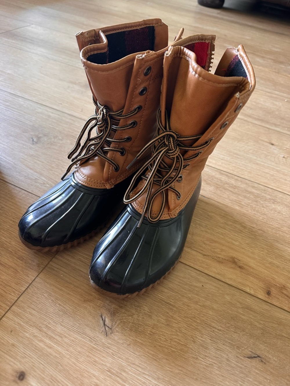 Madden Girl Two-Tone Brown Leather and Black Rubber Duck Boots